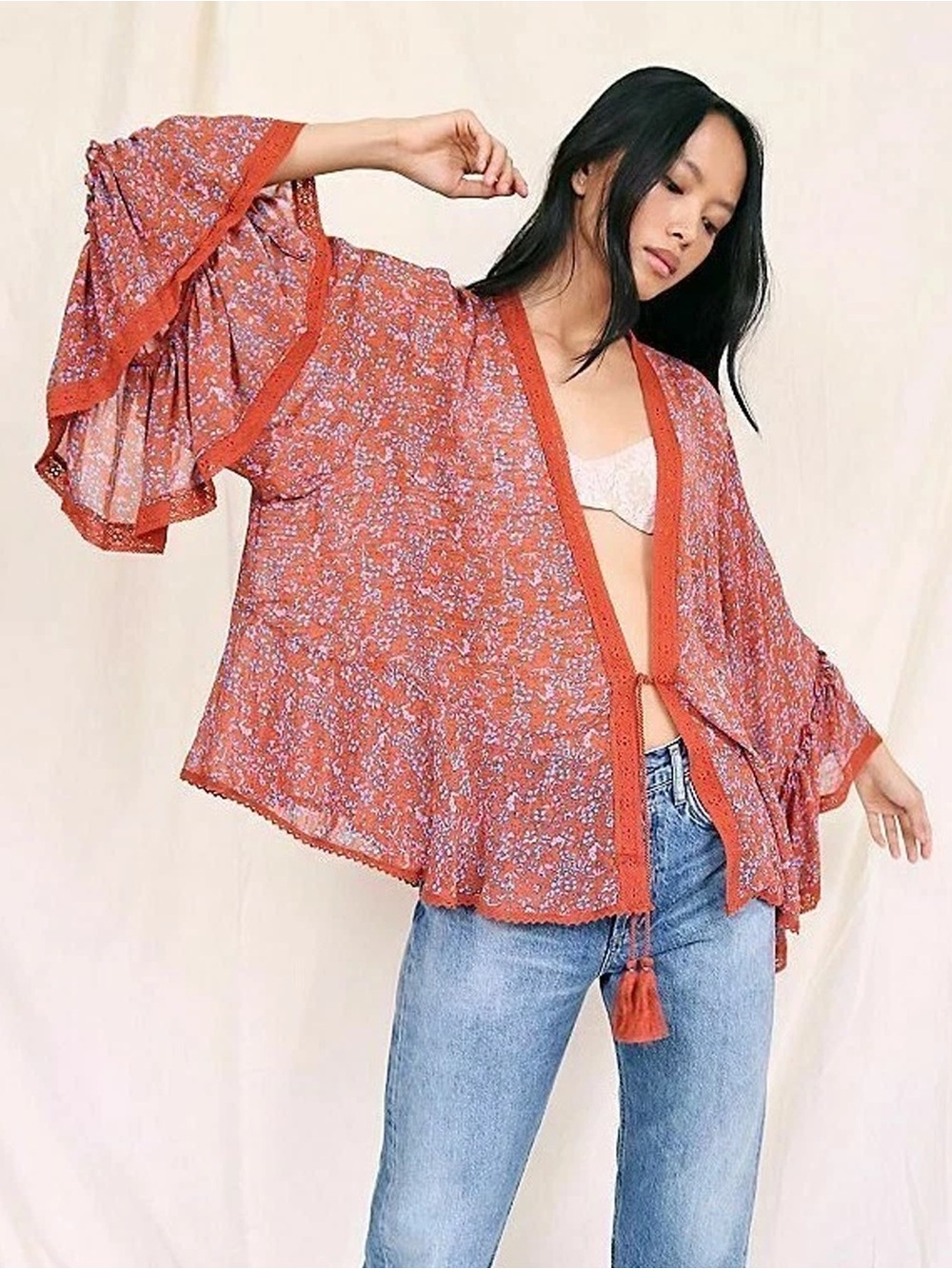 Free People - Lola Bell Sleeve Tassel Chiffon Kimono Top - Wild Red